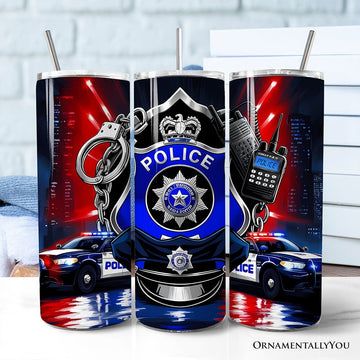 Police Badge and Patrol Car 20oz Personalized Tumbler With Lid and Stainless Steel Straw, Law Enforcement Appreciation Gift Cup Tumbler OrnamentallyYou Non-Customized 