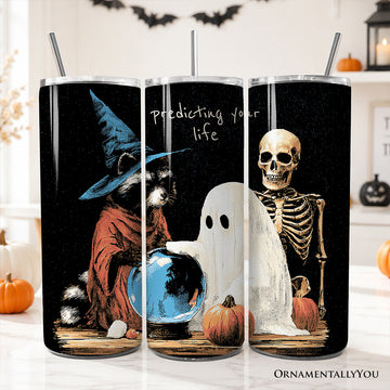 Predicting Your Life Witch Raccoon Ghost 20oz Personalized Tumbler With Lid and Stainless Steel Straw, Funny Halloween Crystal Ball Gift Cup