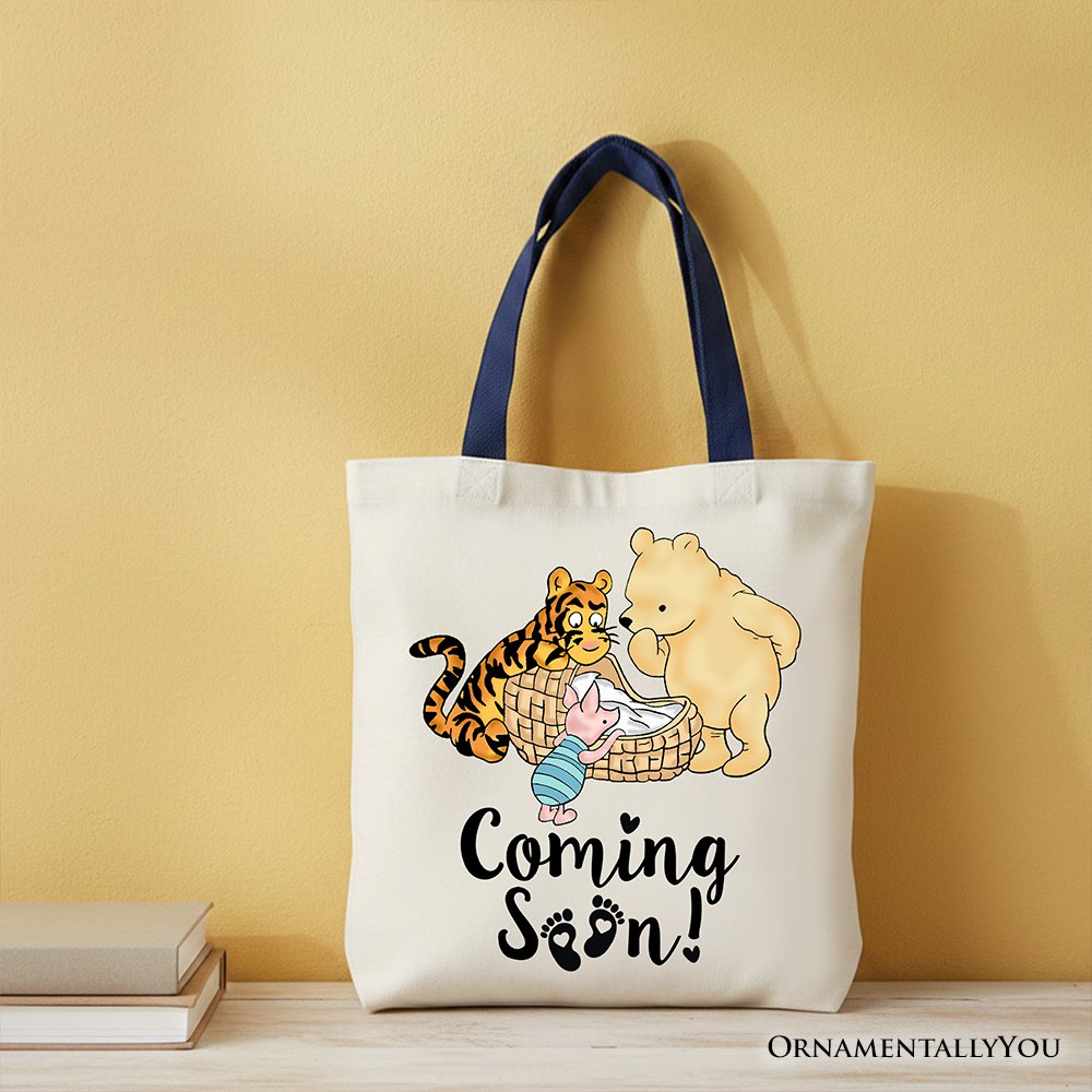 Pregnancy Announcement Winnie-the-Pooh Tote Bag 1926 A.A. Milne Baby Coming Soon Mom Gift Shopper Tote Bag OrnamentallyYou Navy Handle 