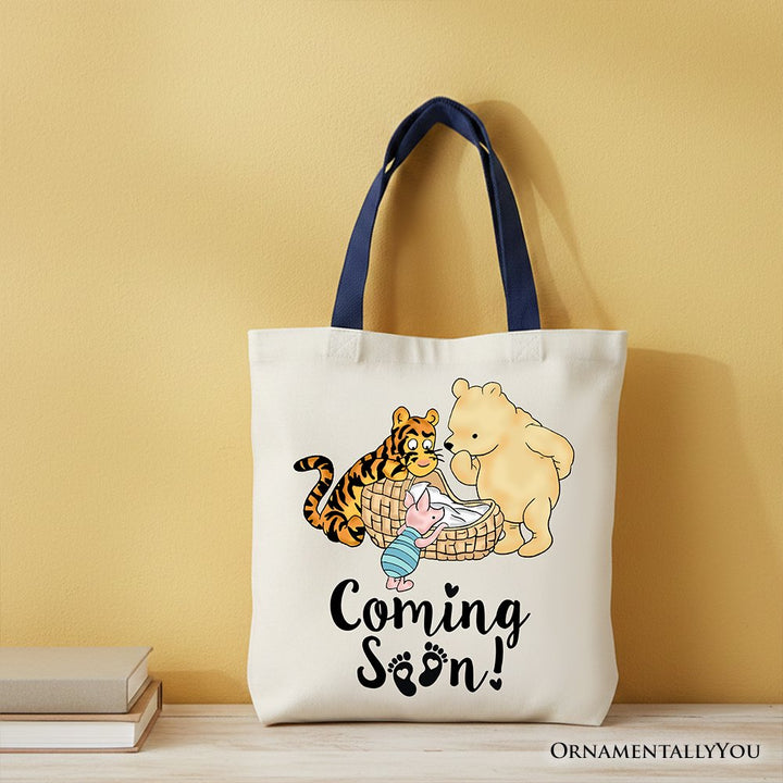 Pregnancy Announcement Winnie-the-Pooh Tote Bag 1926 A.A. Milne Baby Coming Soon Mom Gift Shopper Tote Bag OrnamentallyYou Navy Handle 