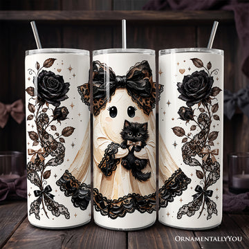 Preppy Ghost With Black Cat 20oz Personalized Tumbler With Lid and Stainless Steel Straw, Coquette Gothic Halloween Gift Cup