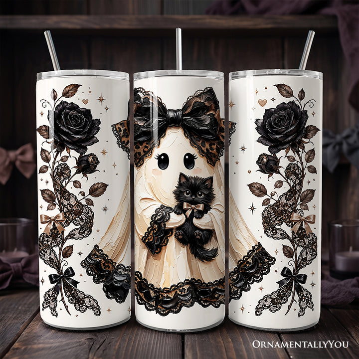Preppy Ghost With Black Cat 20oz Personalized Tumbler With Lid and Stainless Steel Straw, Coquette Gothic Halloween Gift Cup