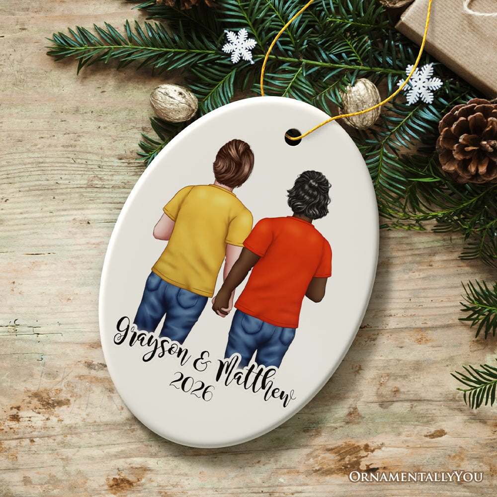 Pride Mens Couple Rainbow Flag Customized Christmas Ornament, LGBT and Gay Activism Ceramic Ornament OrnamentallyYou Oval 