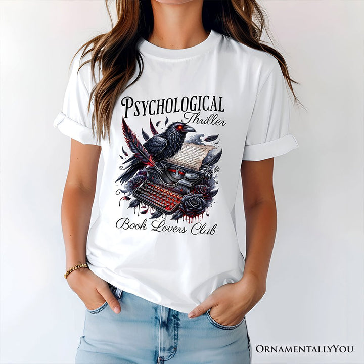 Psychological Thriller Book Lovers Club T-Shirt, Gothic Raven Typewriter Bookish Tee T-Shirts OrnamentallyYou 