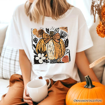 Pumpkin Fall Floral T-Shirt, Thanksgiving Coquette Bow Tee T-Shirts OrnamentallyYou 