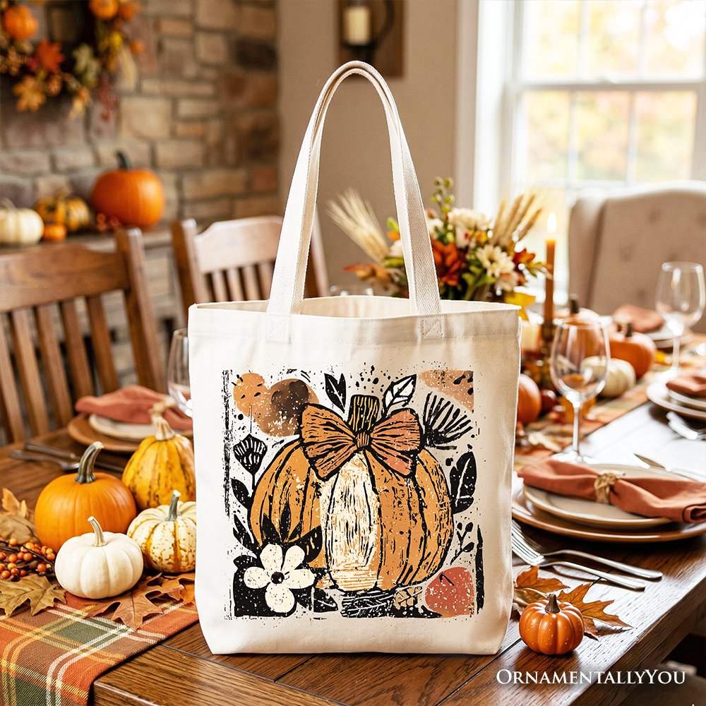 Pumpkin Fall Floral Tote Bag, Thanksgiving Coquette Bow Gift Shopper Tote Bag OrnamentallyYou White 