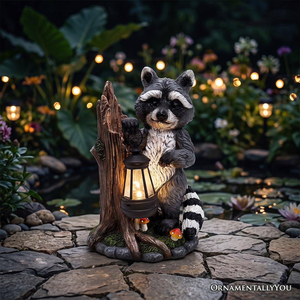 Raccoon Solar Lamp Garden Statue, 9" Lighted Animal Figurine Outdoor Decor Resin Statues OrnamentallyYou 