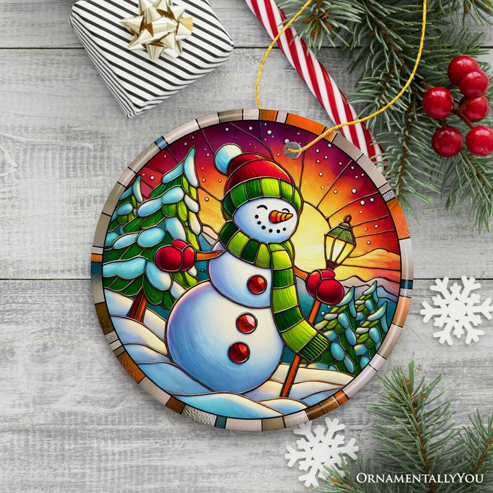 Radiant Sunset Glow Snowman Ornament, Frosty Guardian for Holiday Cheer Gift and Decor Ceramic Ornament OrnamentallyYou 