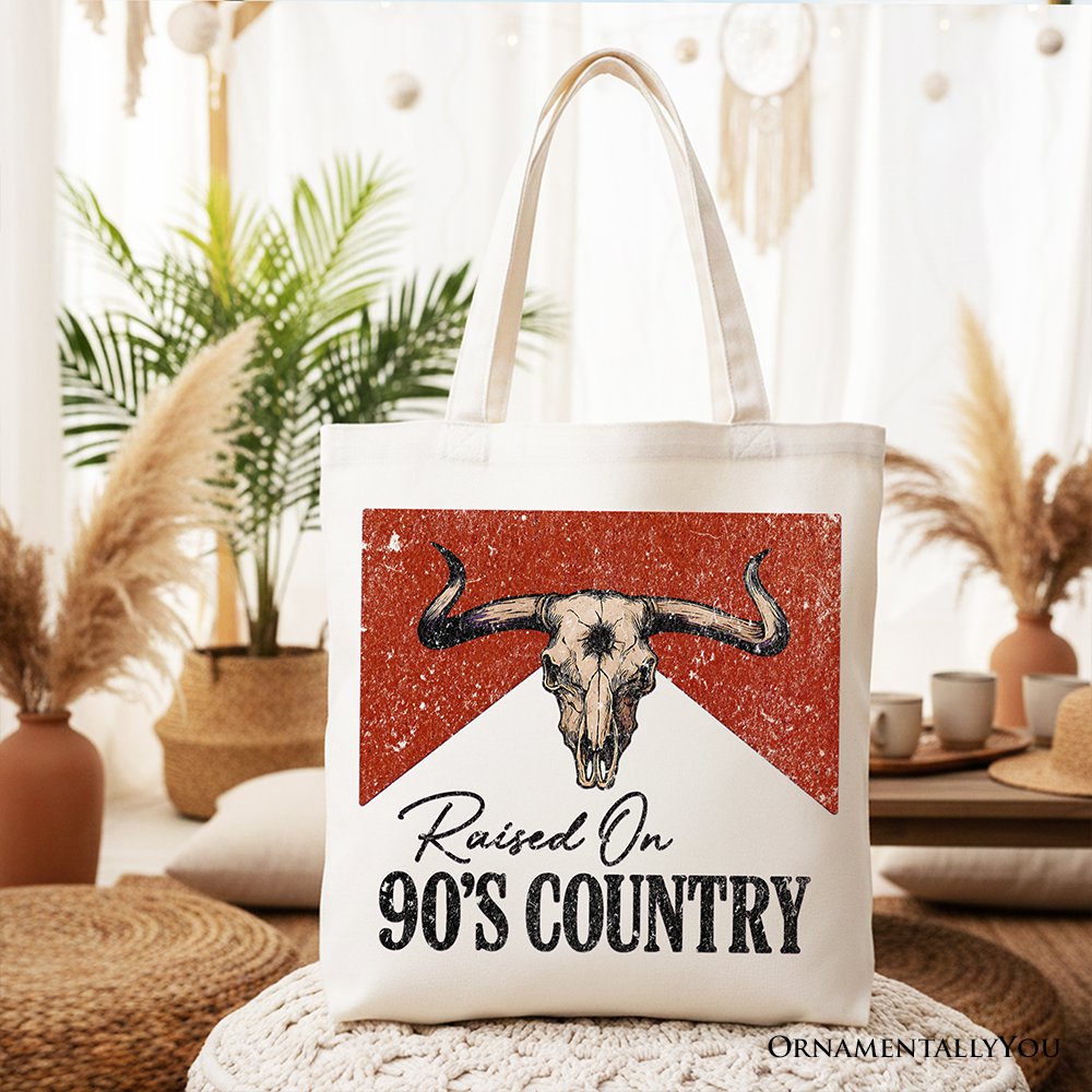 Raised On 90s Country Tote Bag, Vintage Bull Skull Gift Shopper Tote Bag OrnamentallyYou White 
