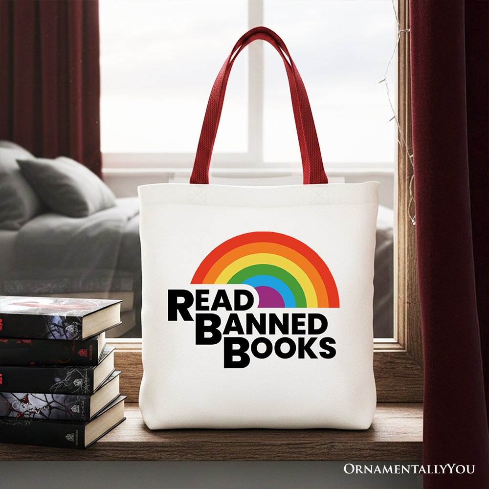 Read Banned Books Rainbow Canvas Tote Bag, Book Lover Gift Shopper Tote Bag OrnamentallyYou Red Handle 