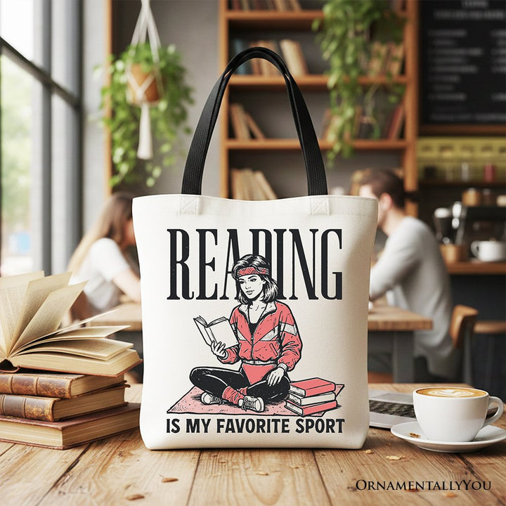 Reading Is My Favorite Sport Bookworm Canvas Tote Bag, Retro Bibliophile Gift Shopper Tote Bag OrnamentallyYou Black Handle 