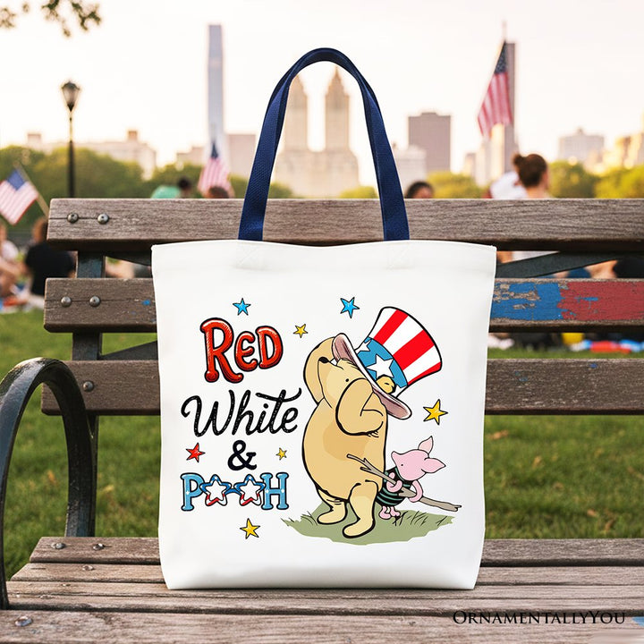 Red White & Proud Winnie-the-Pooh Tote Bag, 1926 A.A. Milne Patriotic 4th of July Gift Shopper Tote Bag OrnamentallyYou Navy Handle 