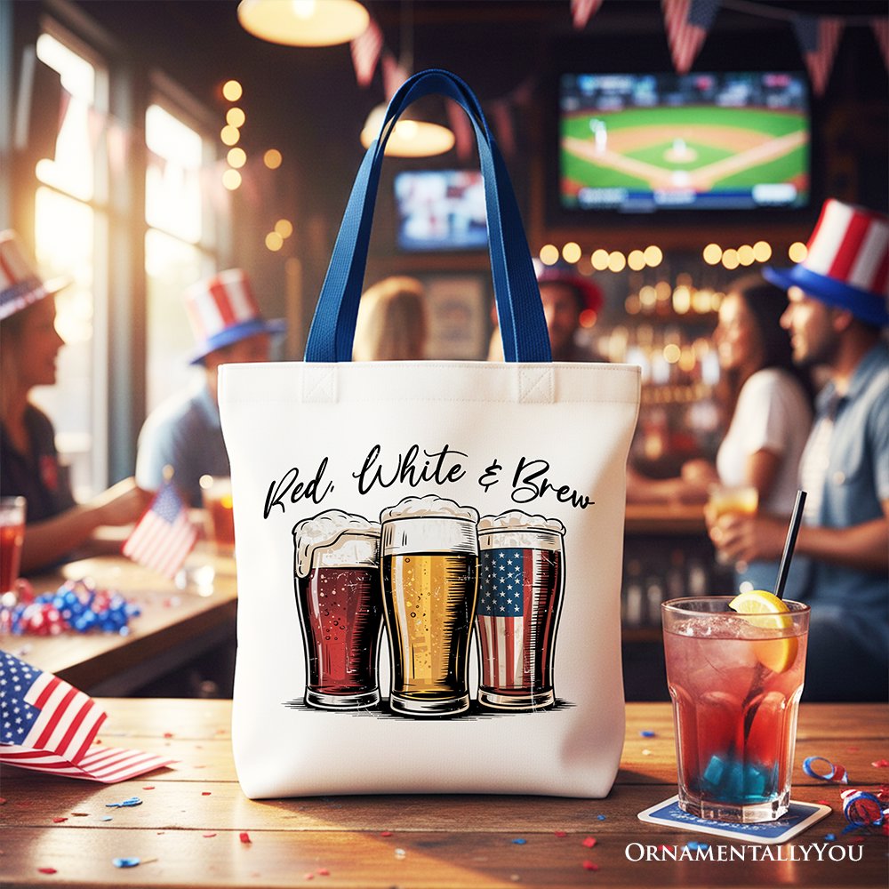 Red White and Brew Beer American Tote Bag, Patriotic USA 4th of July Gift Shopper Tote Bag OrnamentallyYou Navy Handle 