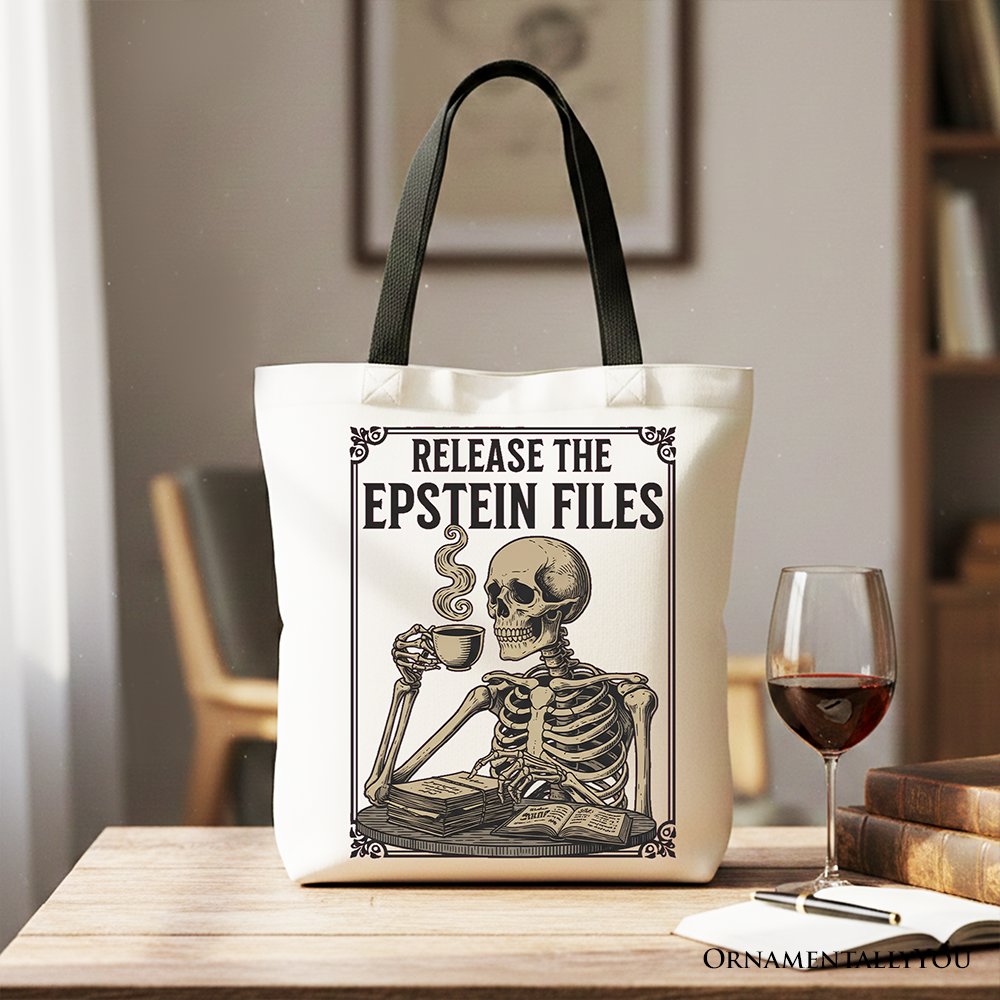 Release the Epstein Files Skeleton Canvas Tote Bag, Dark Humor Transparency Protest Gift Shopper OrnamentallyYou Black Handle 