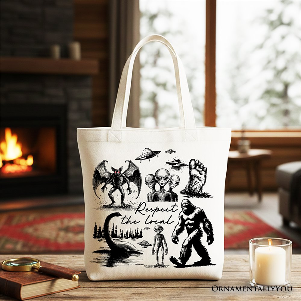 Respect The Local Cryptid Squad Canvas Canvas Tote Bag, Funny Bigfoot Alien Mothman Meme Gift Shopper Tote Bag OrnamentallyYou White 