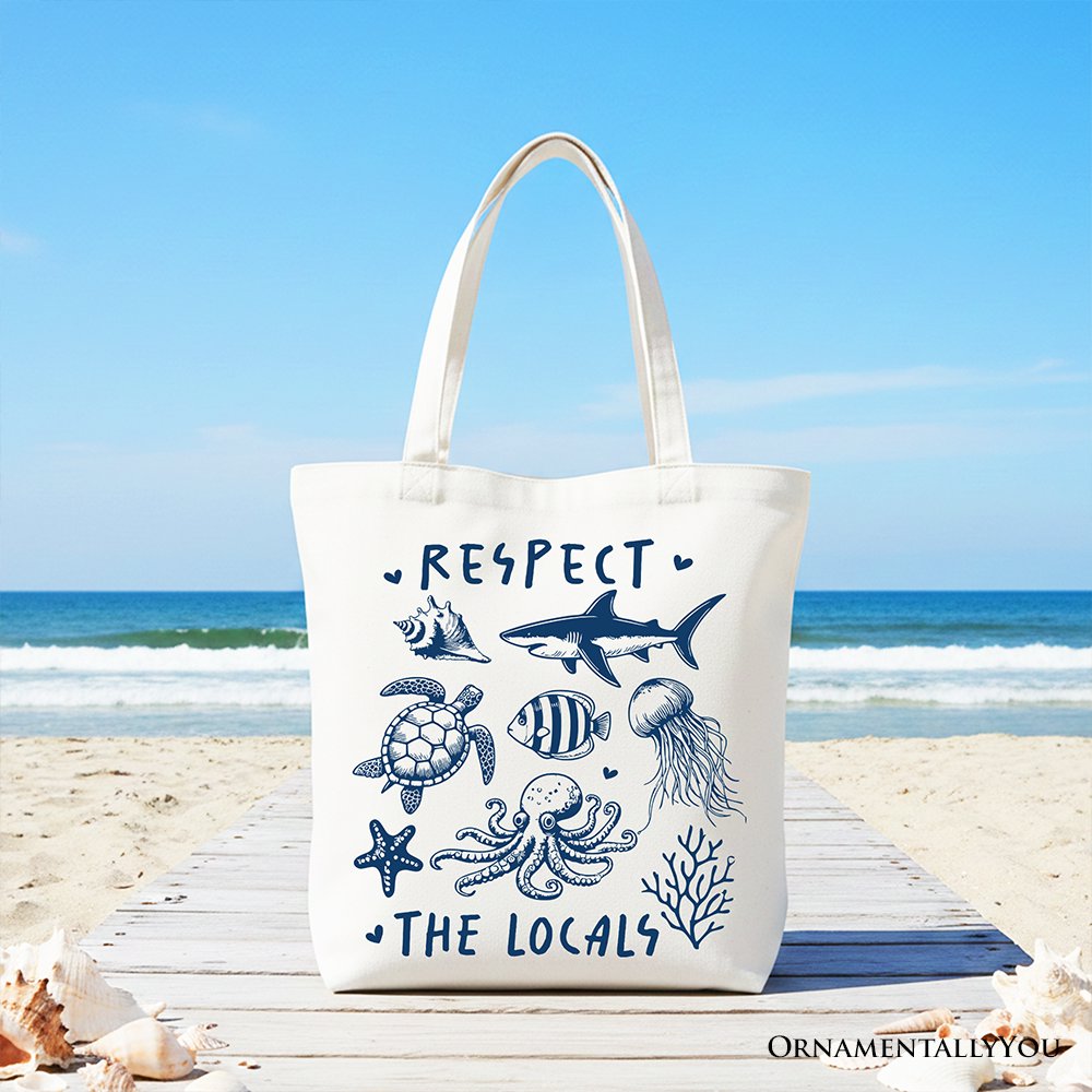 Respect the Locals Ocean Animals Canvas Tote Bag, Cute Vacation Gift Shopper Tote Bag OrnamentallyYou White 