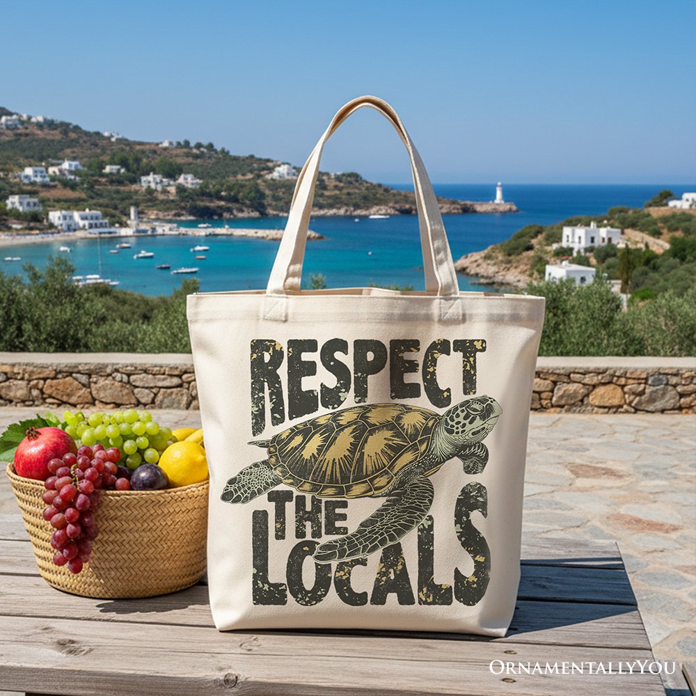 Respect the Locals Turtles Canvas Tote Bag, Retro Grunge Gift for Ocean and Beach Lovers Tote Bag OrnamentallyYou Beige 