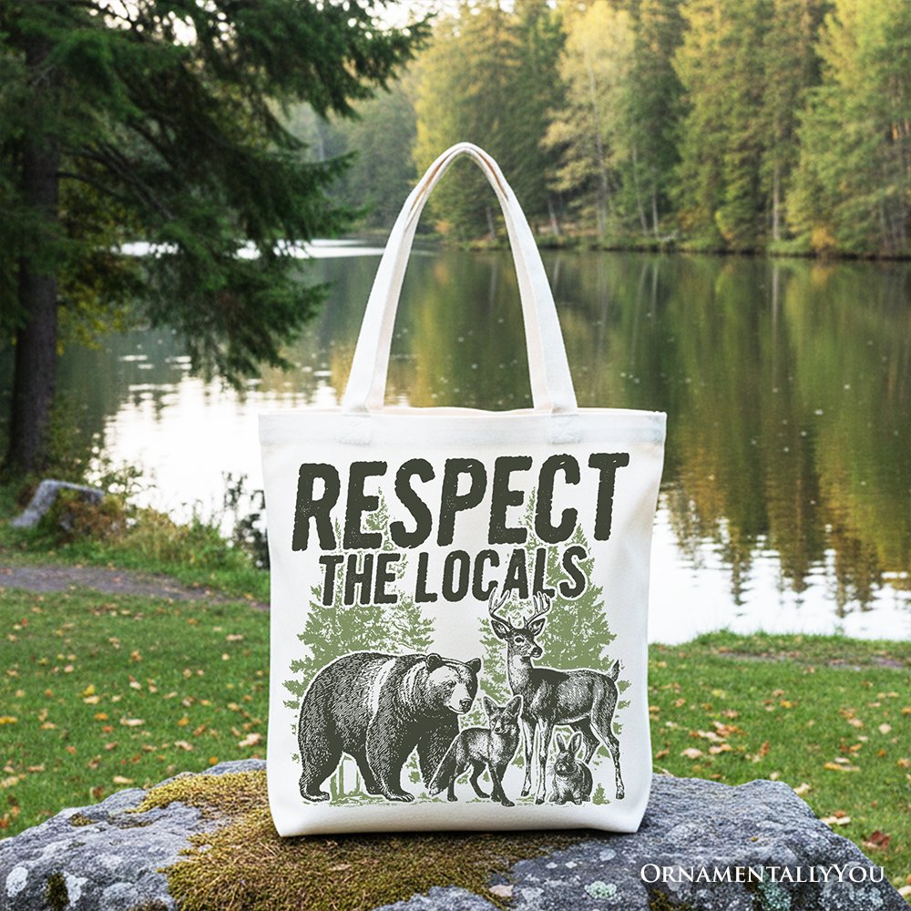 Respect the Locals Wild Animal Canvas Tote Bag, Vintage Camping Nature Gift Shopper Tote Bag OrnamentallyYou White 