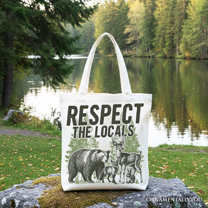 Respect the Locals Wild Animal Canvas Tote Bag, Vintage Camping Nature Gift Shopper Tote Bag OrnamentallyYou White 