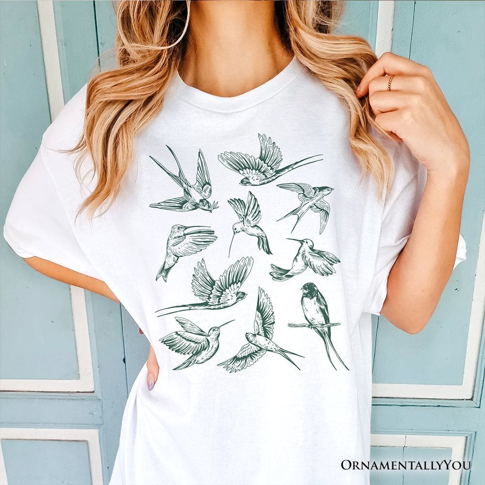 Retro Birds Nature T-Shirt, Vintage Green Bird Illustration Tee T-Shirts OrnamentallyYou 