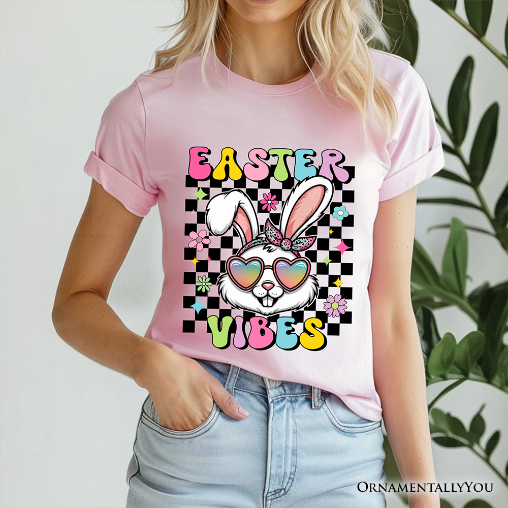 Retro Easter Bunny Sunglasses T-Shirt, Groovy Checkered Tee