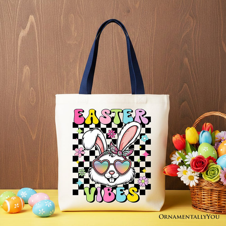 Retro Easter Bunny Sunglasses Tote Bag, Groovy Checkered Gift Shopper Tote Bag OrnamentallyYou Navy Handle 