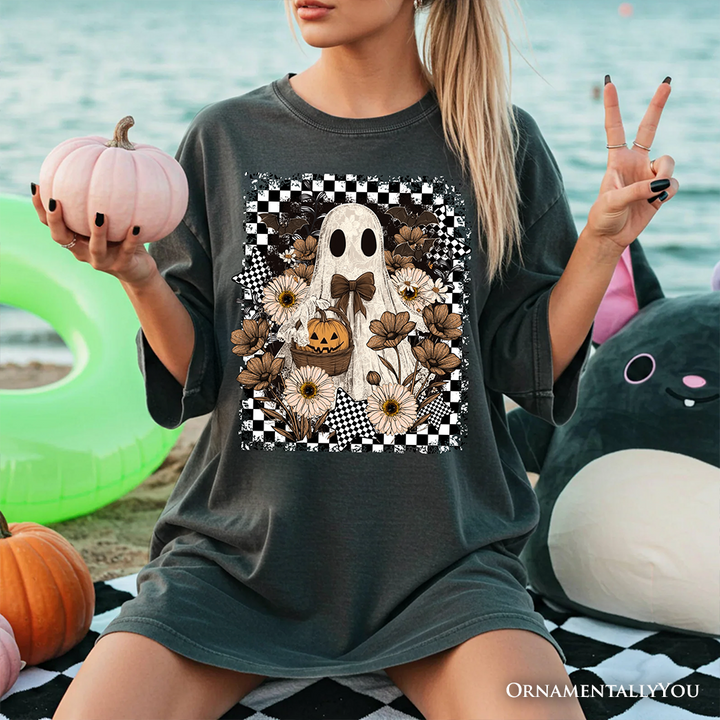 Retro Ghost Floral Halloween T-Shirt, Spooky Vintage Checkered Tee