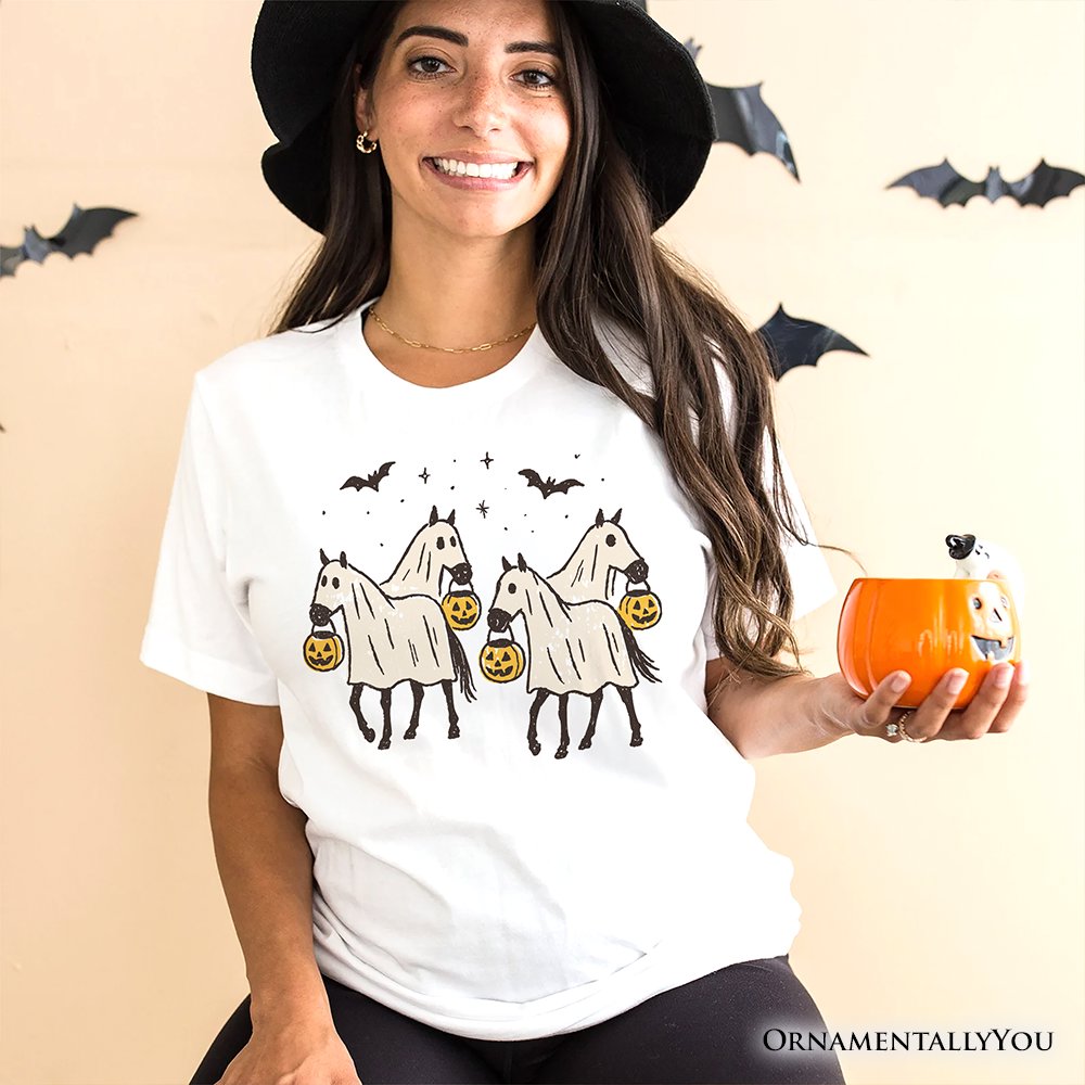 Retro Halloween Horse Ghosts T-Shirt, Cute Western Tee with Spooky Vibes T-Shirts OrnamentallyYou 
