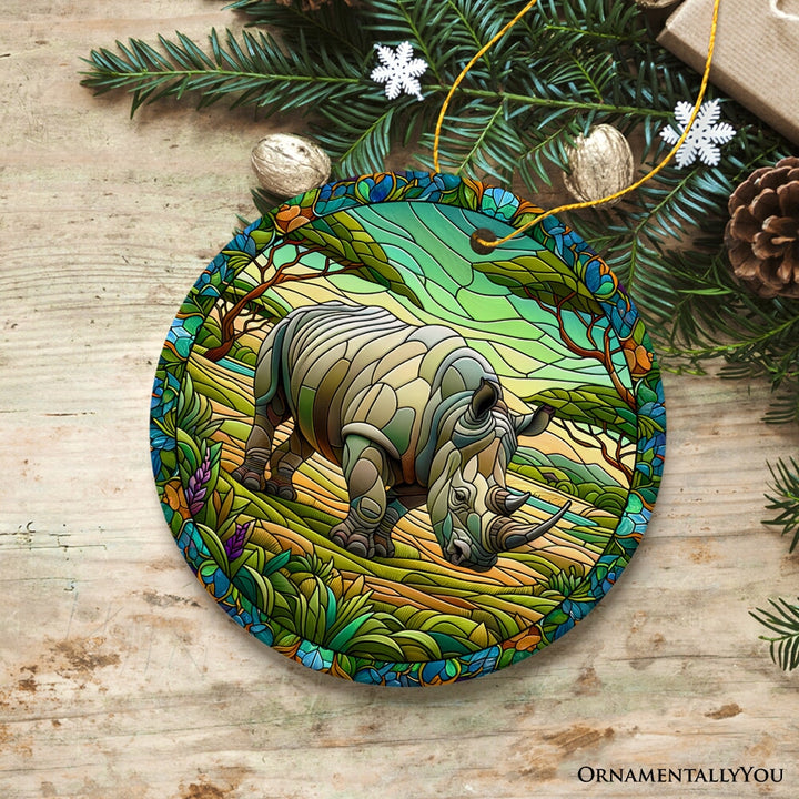 Rhinoceros Realm Expedition Stained Glass Style Ceramic Ornament, African Animals Christmas Gift and Decor Ceramic Ornament OrnamentallyYou 