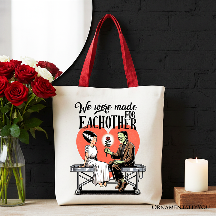 Romantic Frankenstein and Bride Canvas Tote Bag, We Were Made for Each Other Gift Bag for Spooky Couples
