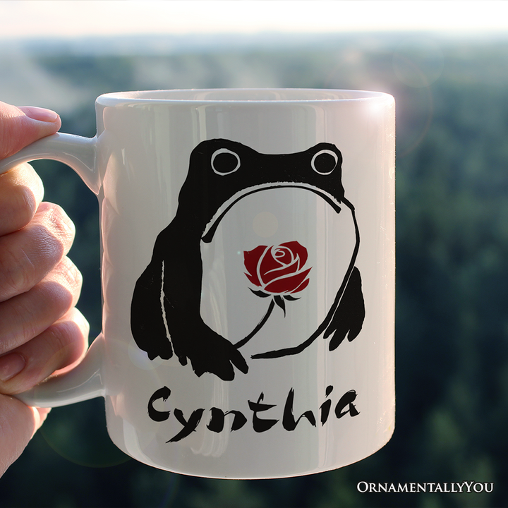 Romantic Japanese Frog with Rose Personalized Mug, Matsumoto Hoji Edo Period Frog Lover Gift With Custom Name