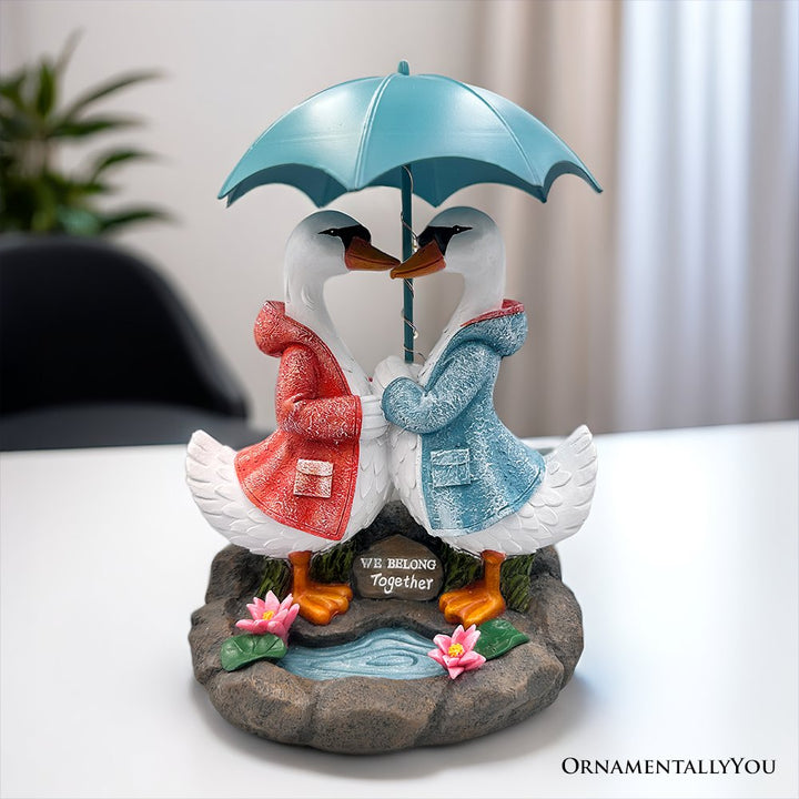 Romantic Swan Couple Under an Umbrella Solar Powered Garden Statue, 10" Lighted Outdoor Bird Figurine Decor Resin Statues OrnamentallyYou 