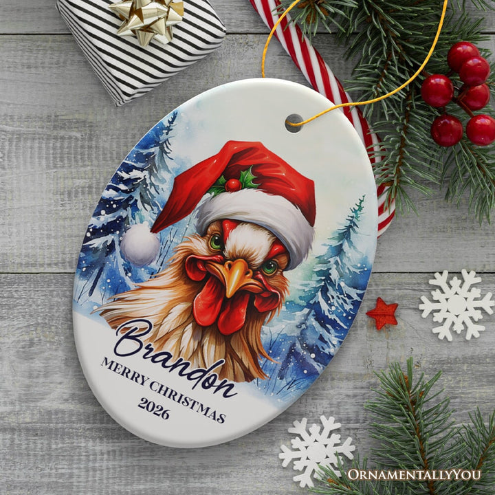 Rooster with Santa Hat Personalized Ornament Winter Forest Christmas Gift With Custom Name and Date Ceramic Ornament OrnamentallyYou Oval 