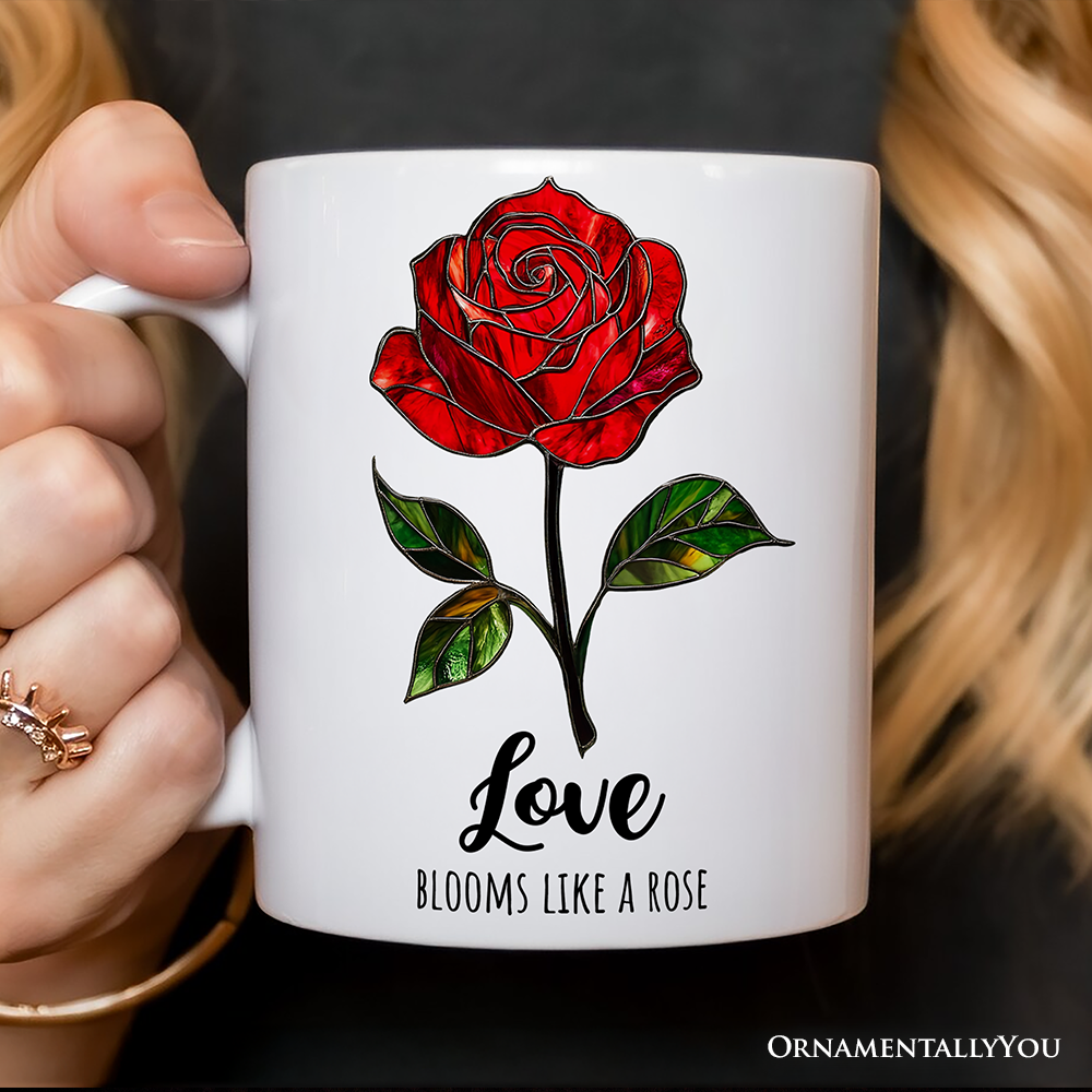 Rose Stained Glass Personalized Mug, Love Blooms Like a Rose Custom Name Gift