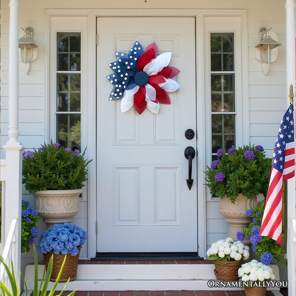 Rustic Burlap Patriotic 22" Wreath, American Flag Style 4th of July Front Door Home Decor Wreath OrnamentallyYou 