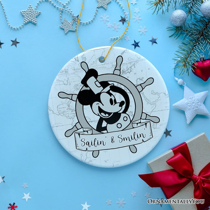 Sailin' and Smilin' Quote Christmas Ornament, Vintage Steamboat Willie Keepsake Ceramic Ornament OrnamentallyYou 