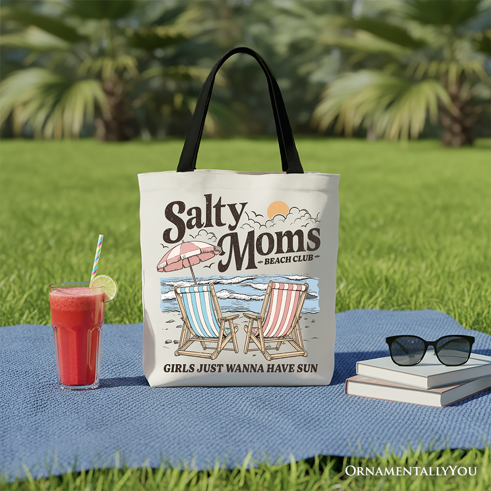 Salty Moms Beach Club Canvas Tote Bag, Retro Summer Gift for Ocean Loving Mothers