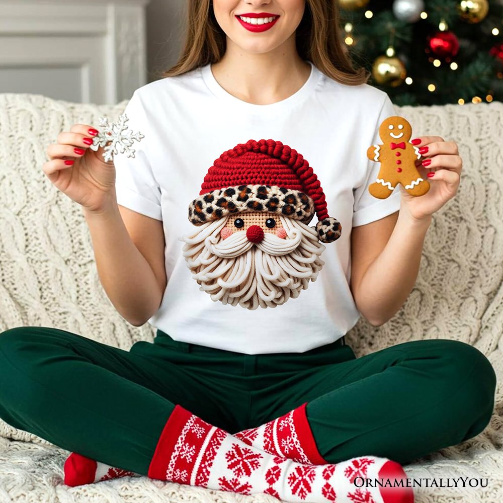 Santa Leopard Hat Christmas T-Shirt, Imitation Latch Hook Yarn Cozy Tee T-Shirts OrnamentallyYou 