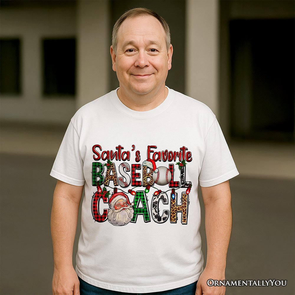 Santa’s Favorite Baseball Coach Plaid Christmas T-Shirt, Sports Team Holiday Tee T-Shirts OrnamentallyYou 
