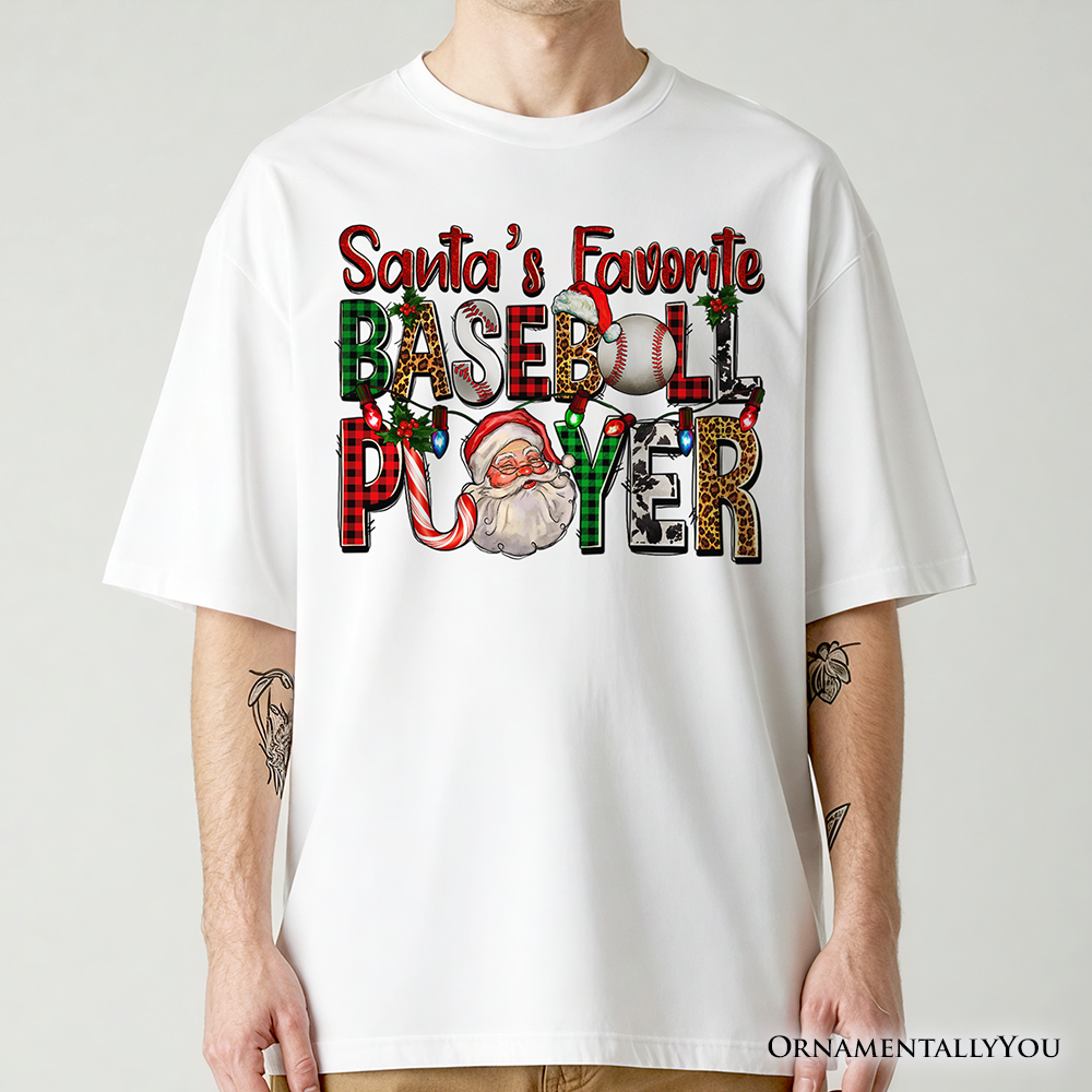 Santa’s Favorite Baseball Player Plaid Christmas T-Shirt, Sports Team Holiday Tee
