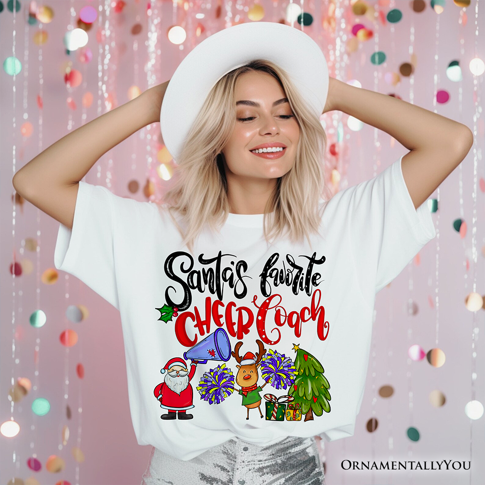 Santa’s Favorite Cheer Coach Christmas T-Shirt, Festive Cheerleading Tee