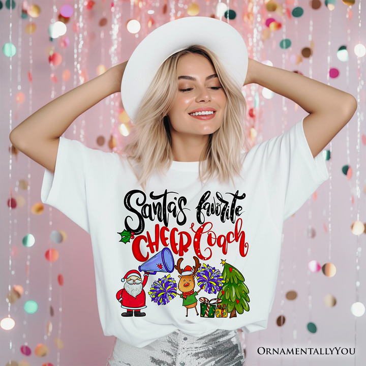 Santa’s Favorite Cheer Coach Christmas T-Shirt, Festive Cheerleading Tee