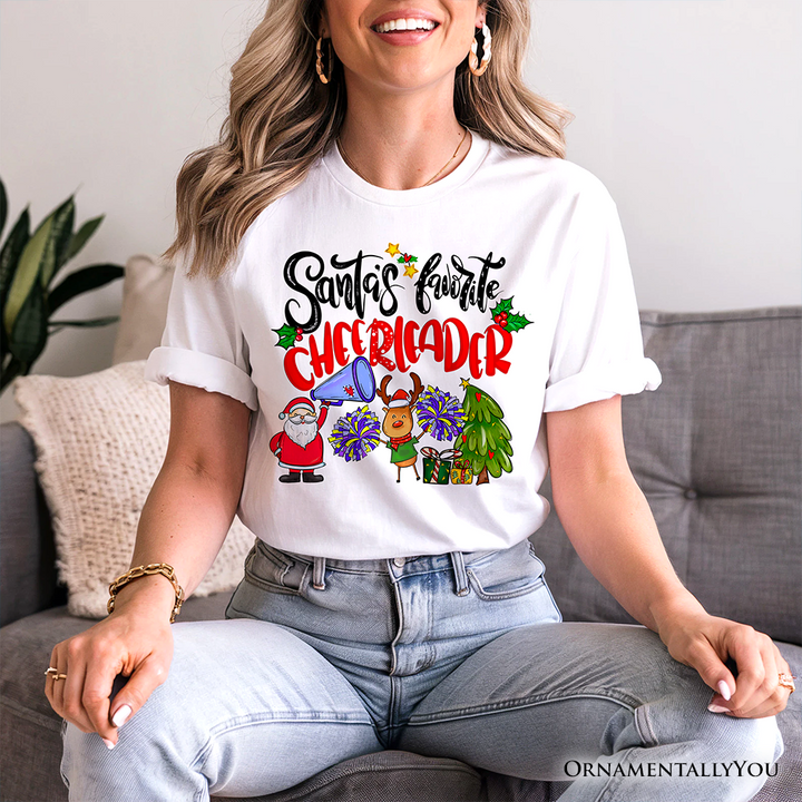 Santa’s Favorite Cheerleader T-Shirt, Sparkly Holiday Christmas Tee