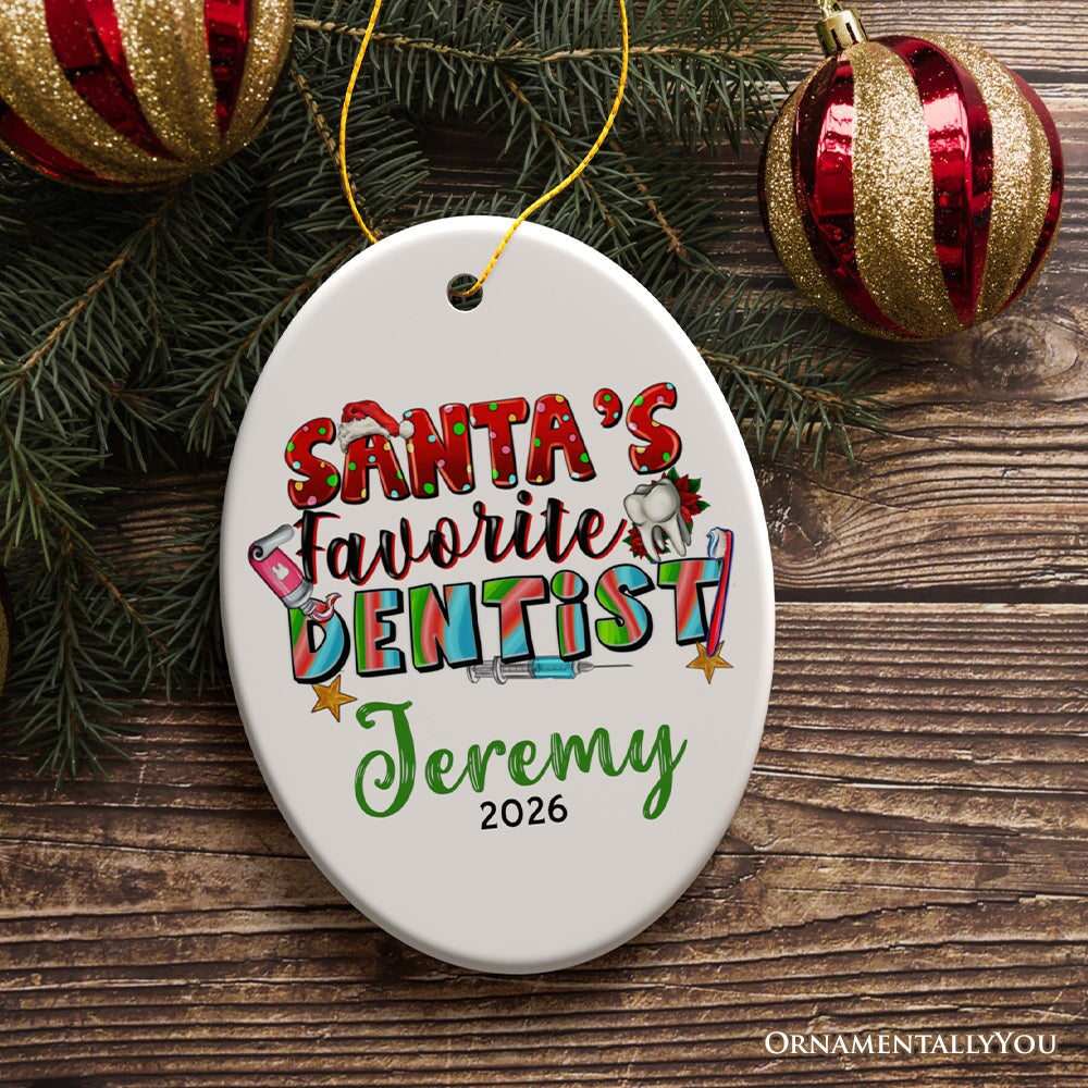 Santa’s Favorite Dentist Personalized Christmas Ornament, Custom Dental Medic Gift Ceramic Ornament OrnamentallyYou Oval 
