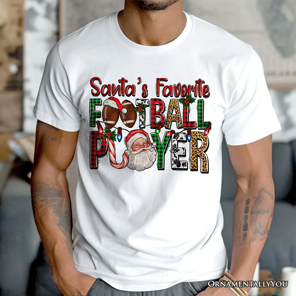 Santa’s Favorite Football Player Plaid Christmas T-Shirt, Sports Team Holiday Tee T-Shirts OrnamentallyYou 