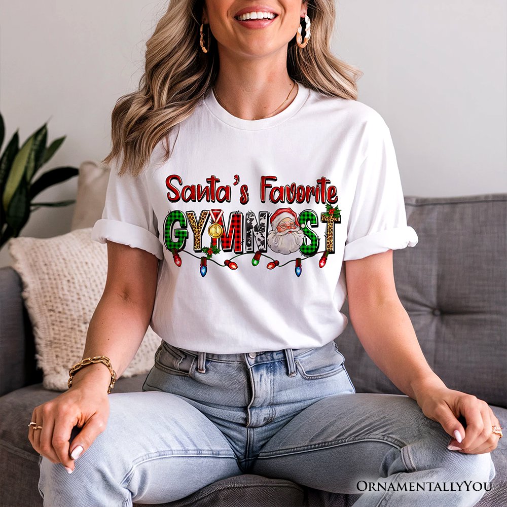 Santa’s Favorite Gymnast Plaid Christmas T-Shirt, Sports Team Holiday Tee T-Shirts OrnamentallyYou 