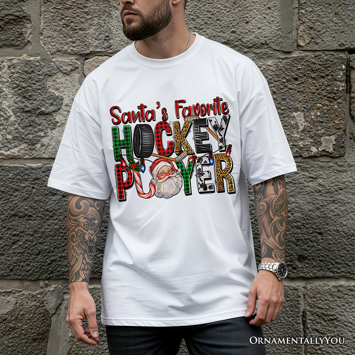 Santa’s Favorite Hockey Player Plaid Christmas T-Shirt, Sports Team Holiday Tee