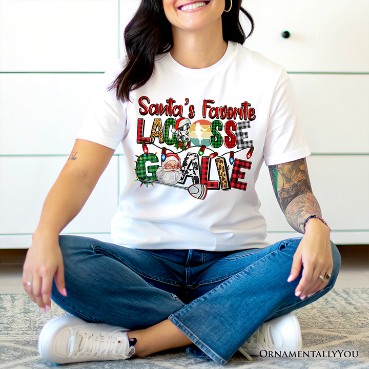 Santa’s Favorite Lacrosse Goalie Plaid Christmas T-Shirt, Sports Team Holiday Tee
