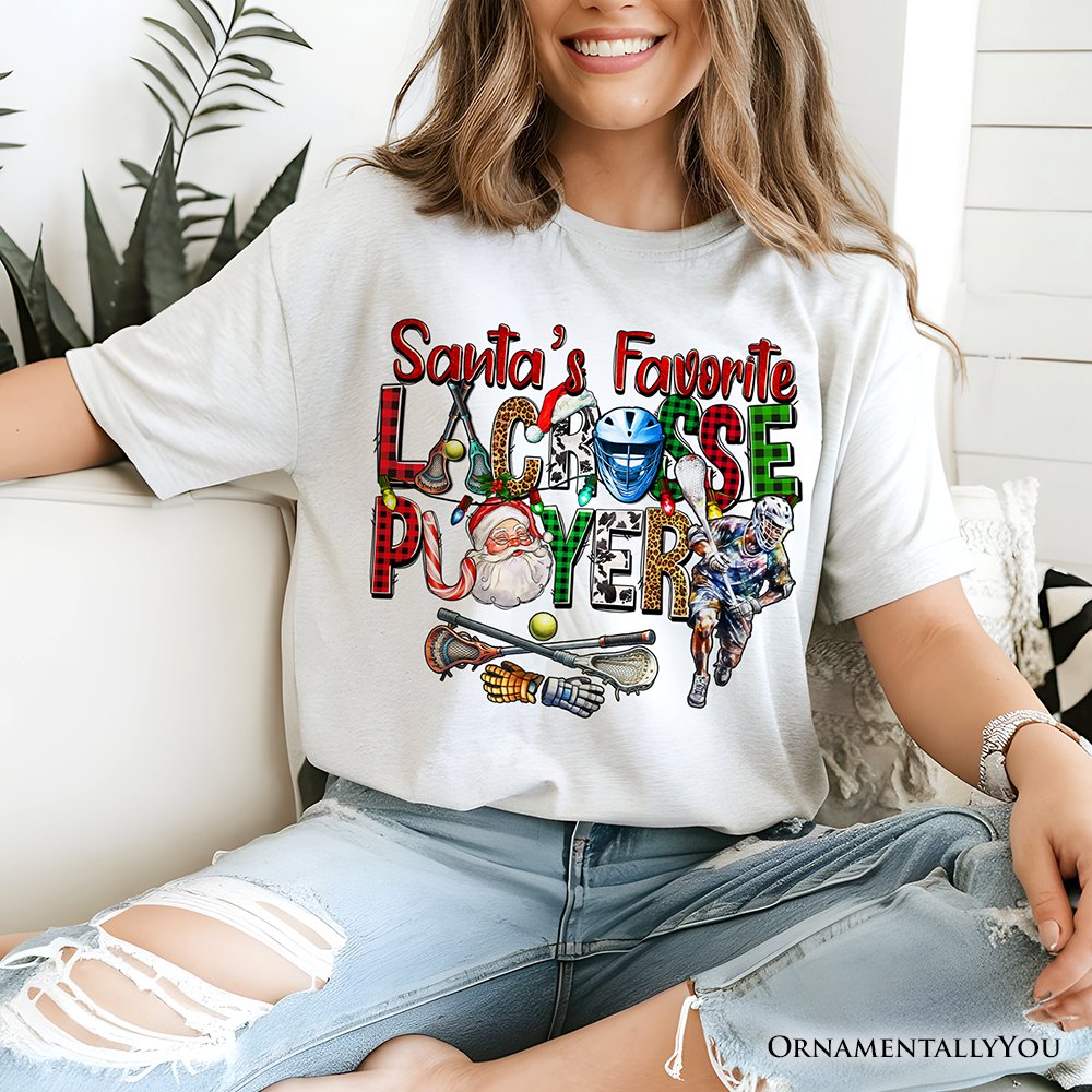 Santa’s Favorite Lacrosse Player Plaid Christmas T-Shirt, Sports Team Holiday Tee T-Shirts OrnamentallyYou 