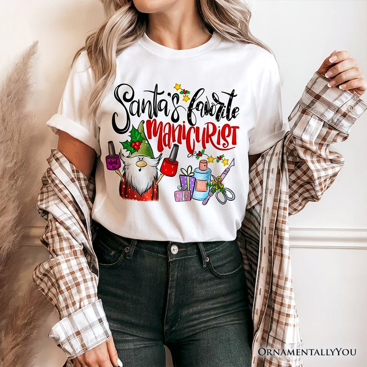 Santa’s Favorite Manicurist Nail Studio T-Shirt, Stylish Holiday Tee for Beauty Technicians T-Shirts OrnamentallyYou 